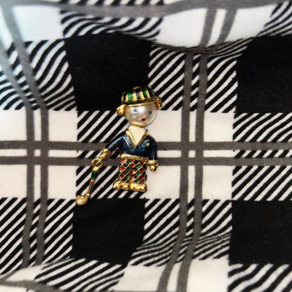 Vintage Enamel Golfer Dangling Golf Club Brooch - Picture 2 of 3